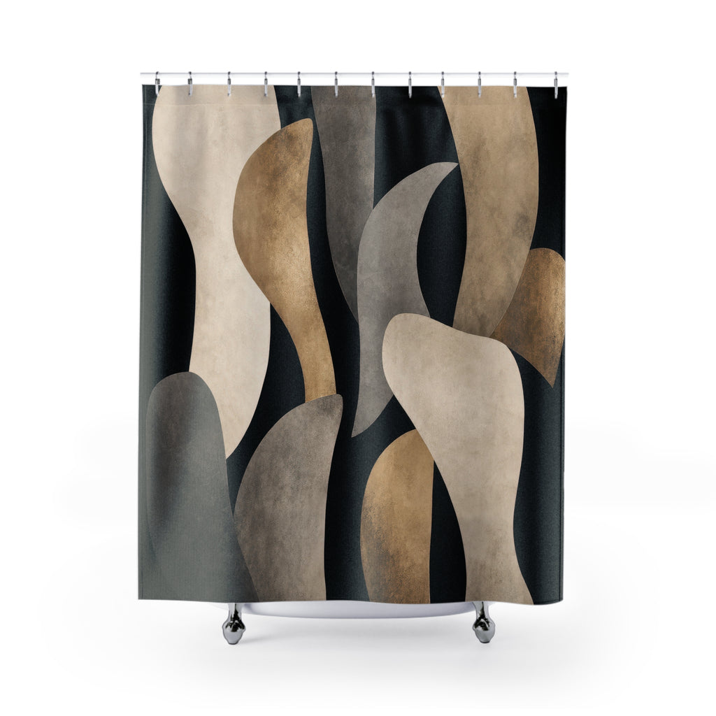 Black Abstract Shower Curtain, Cream Sculptural Shape Bath Decor, Modern Neutral Pattern, Beige Black Bathroom Decor, Organic Art Style