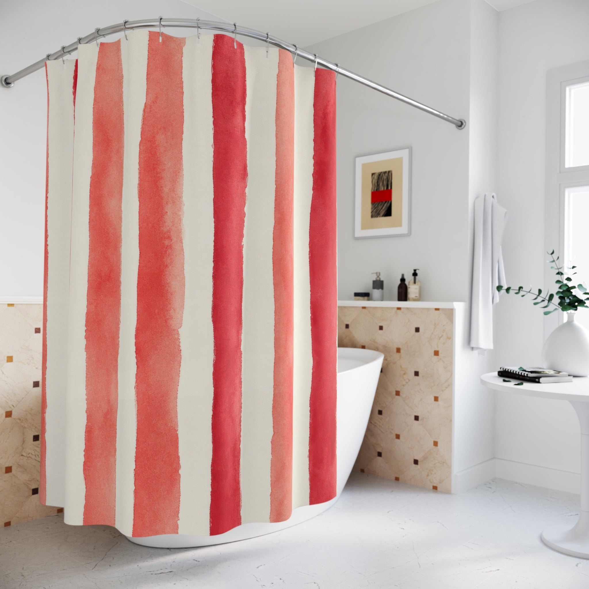 Watercolor Coral Stripe Shower Curtain