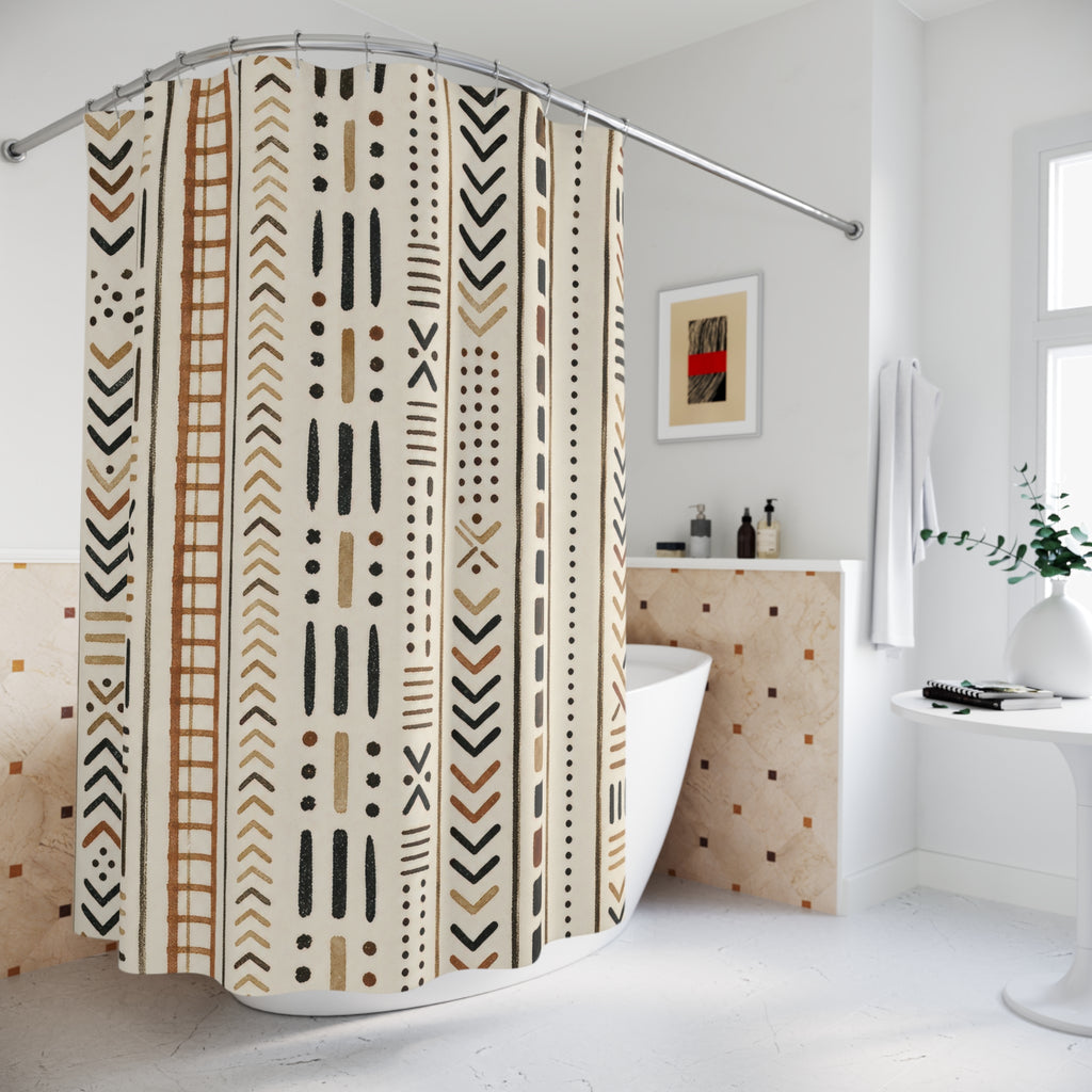 Boho Shower Curtain, Black Cream African Inspired Geometric Pattern, Modern Bathroom Decor, Tribal Style Guest Bath Neutral Art