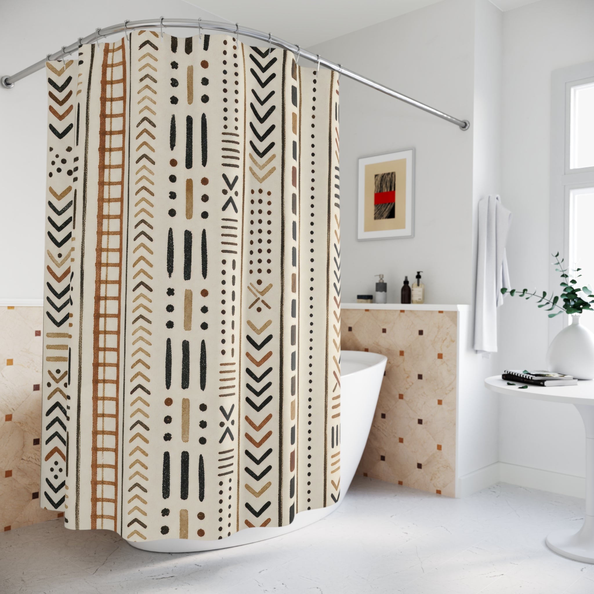 Boho Shower Curtain, Black Cream African Inspired Geometric Pattern, Modern Bathroom Decor, Tribal Style Guest Bath Neutral Art