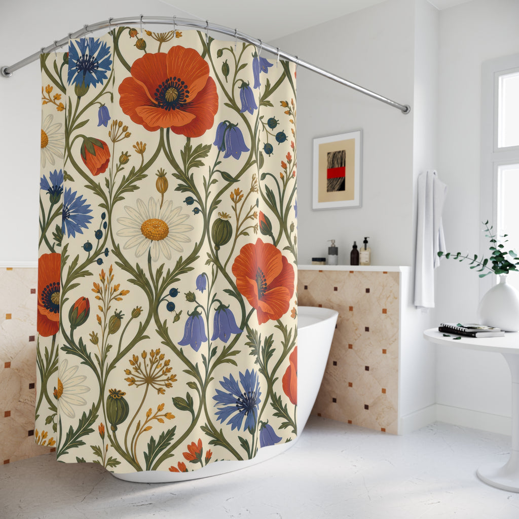 Folk wild flower pattern with poppies cornflowers and daisies shower curtain beside a freestanding tub