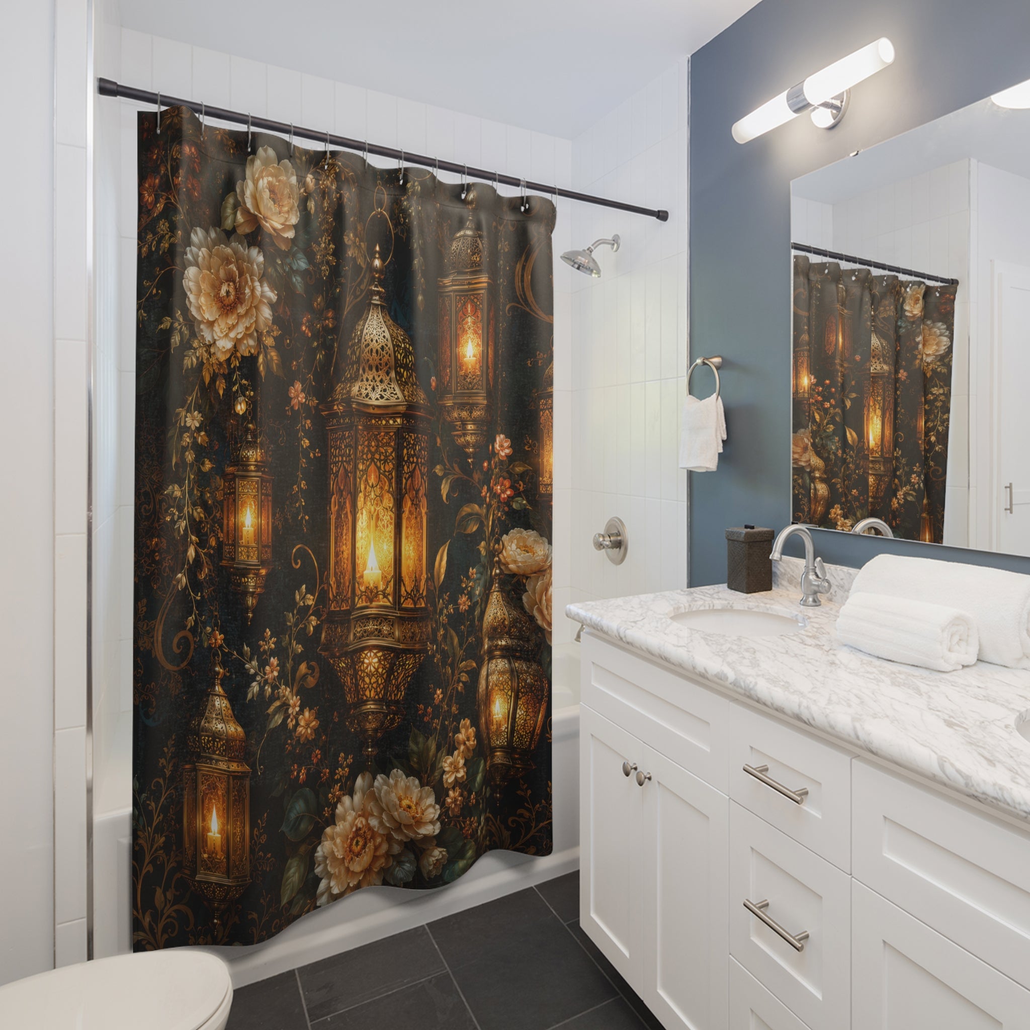 Lantern Shower Curtain: Gold Floral Dark Teal