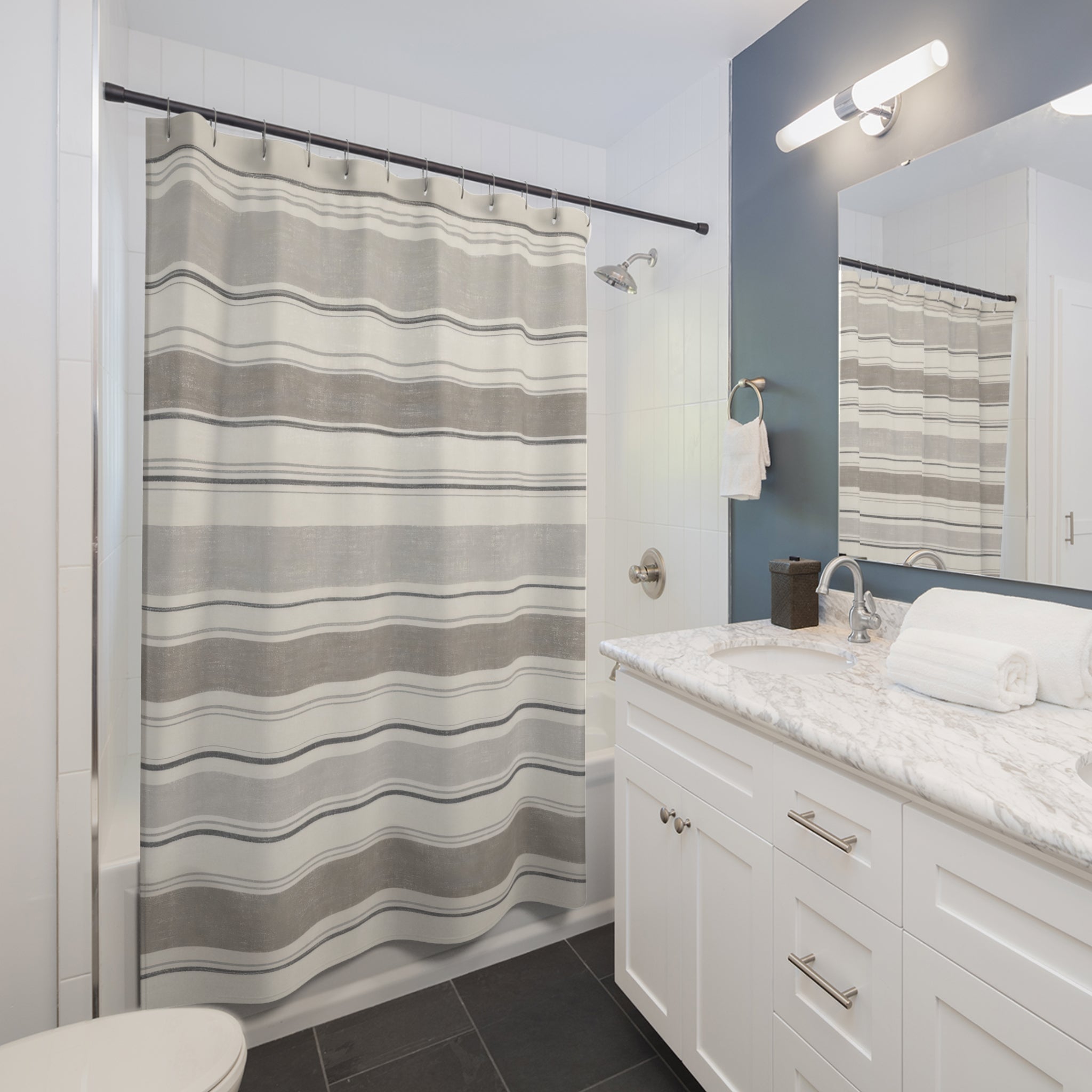 Grey Horizontal Band Shower Curtain, Grey Ivory Classic Bathroom Decor, Modern Stripe Bath Curtain, Guest Bath Decor, Small Bathroom Decor