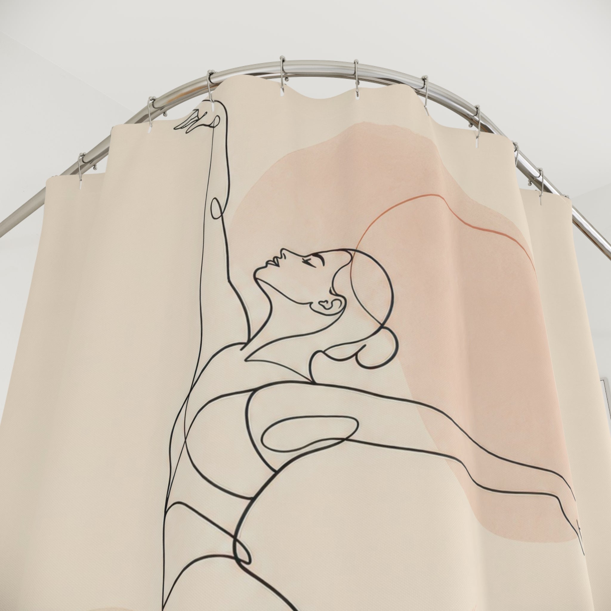 Line Art Shower Curtain, Dancing Figure Abstract Pattern, Beige Peach Bathroom Decor, Modern Guest Bath Figure Art Style