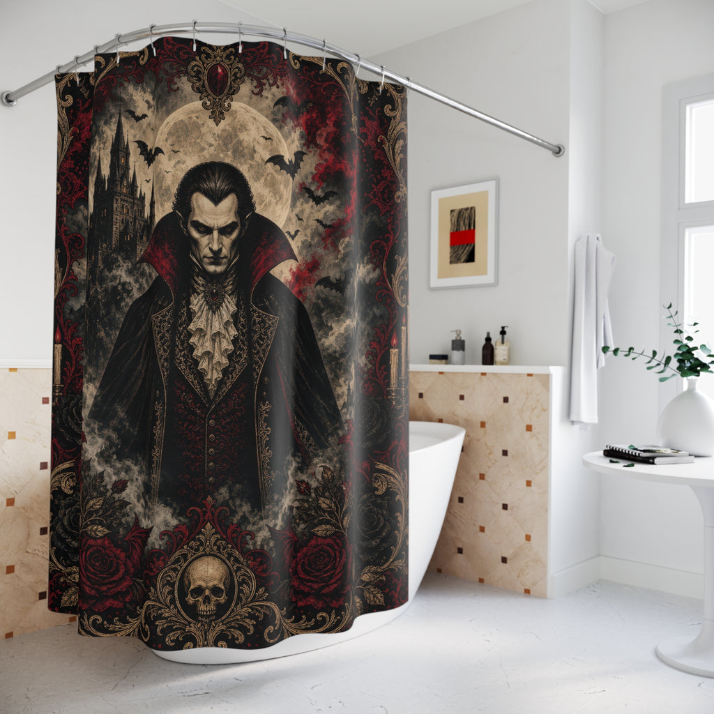 Unique Vampire Shower Curtain, Gothic Horror Portrait Art, Black Red Rose Skull Decor, Dark Spooky Guest Bath Accent, Halloween Bath