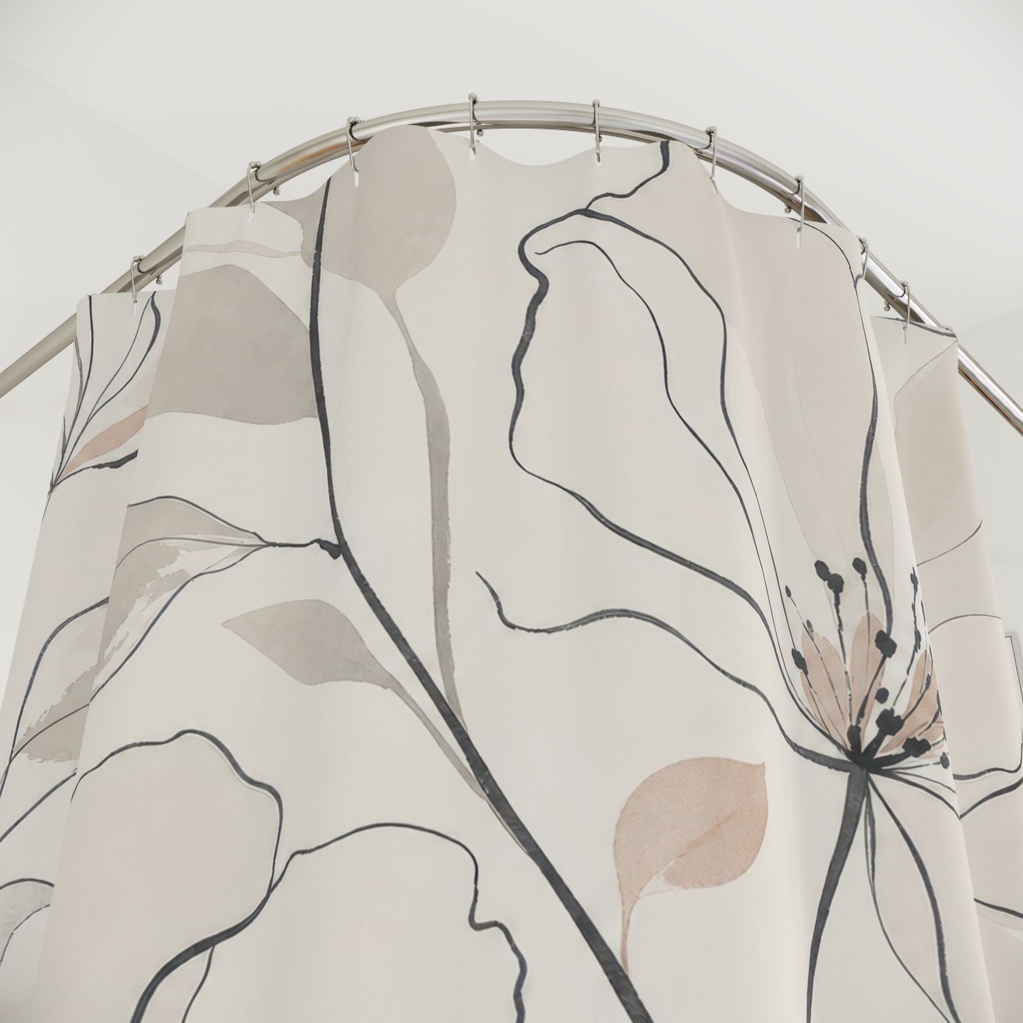 Black Beige Line Art Flower Shower Curtain