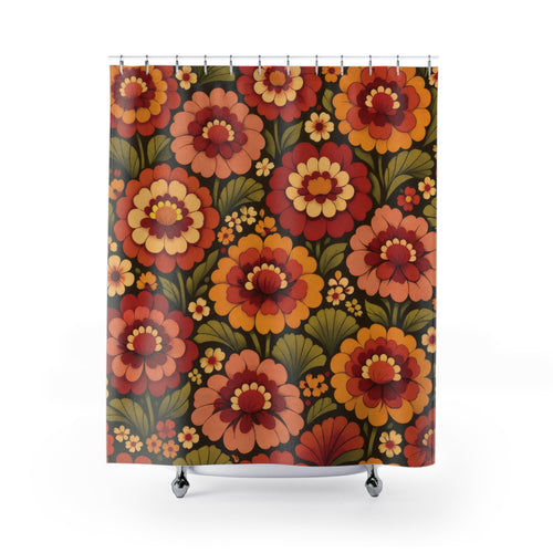 70s Marigold Shower Curtain – Rust Orange Retro Floral
