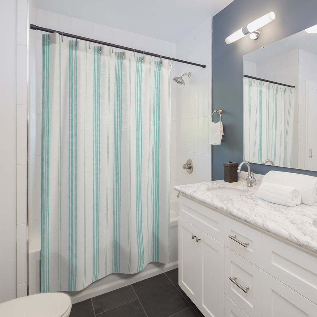 Aqua Teal Ticking Stripe Shower Curtain