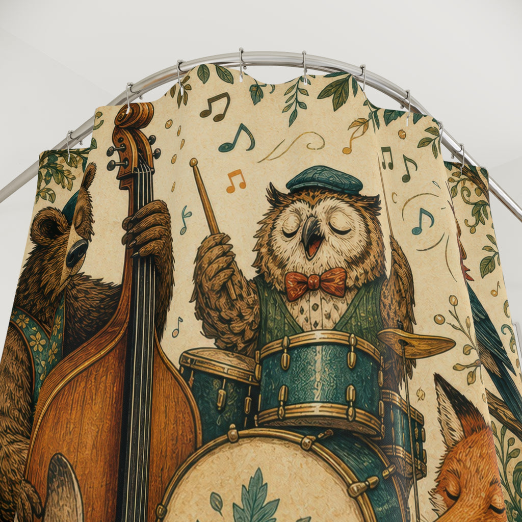 Unique Woodland Shower Curtain, Animal Band Music Art, Folk Forest Bathroom Decor, Storybook Music Wall Decor Guest Bath Gift For Home