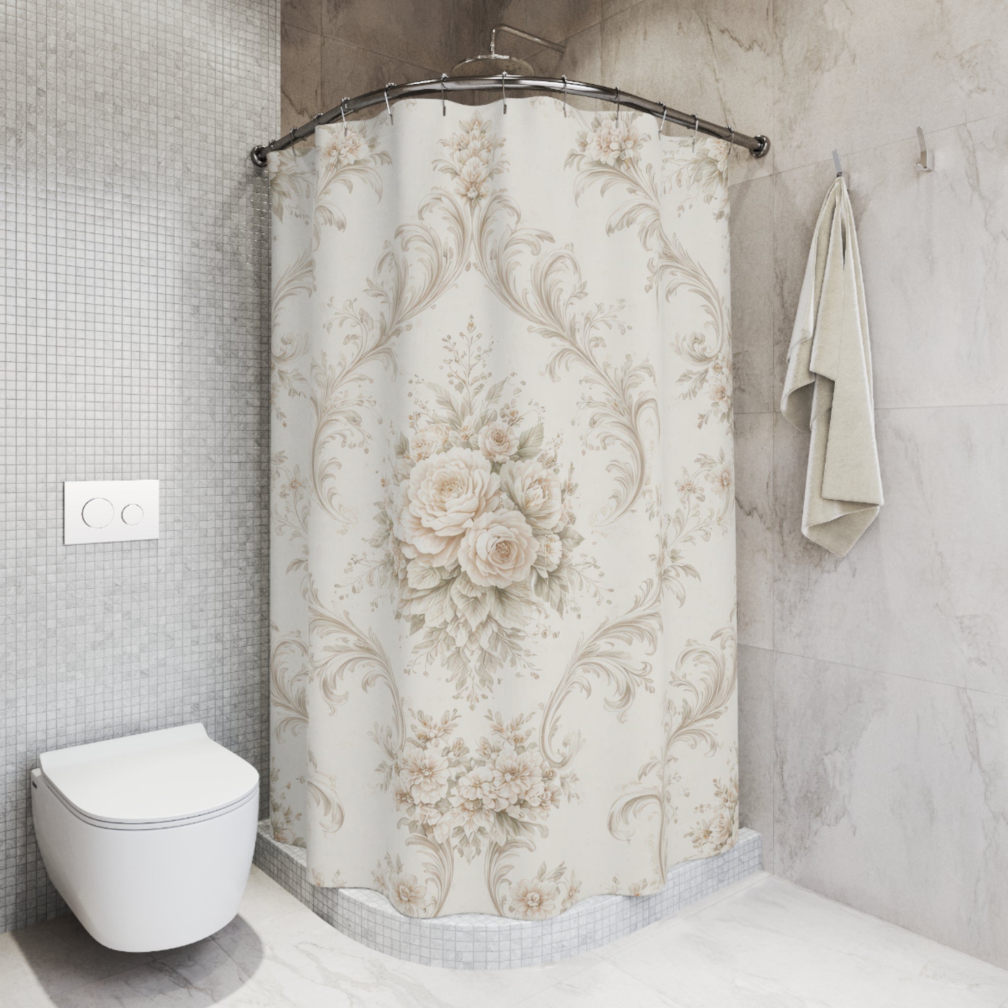 Ivory Damask Shower Curtain – Beige Floral