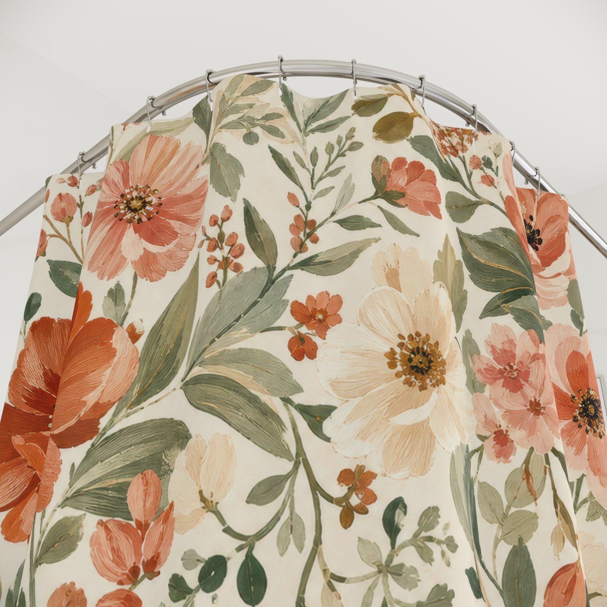 Peach Coral Poppy Garden Floral Shower Curtain
