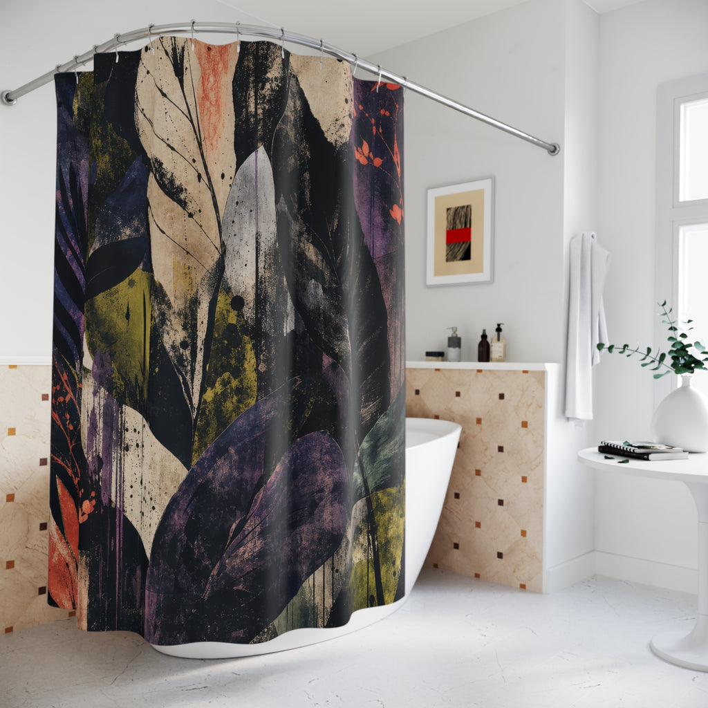 Botanical Shower Curtain, Dark Floral Art, Black Purple Green Leaves, Moody Modern Bath Decor, Nature Inspired Guest Bathroom, Bold Decor