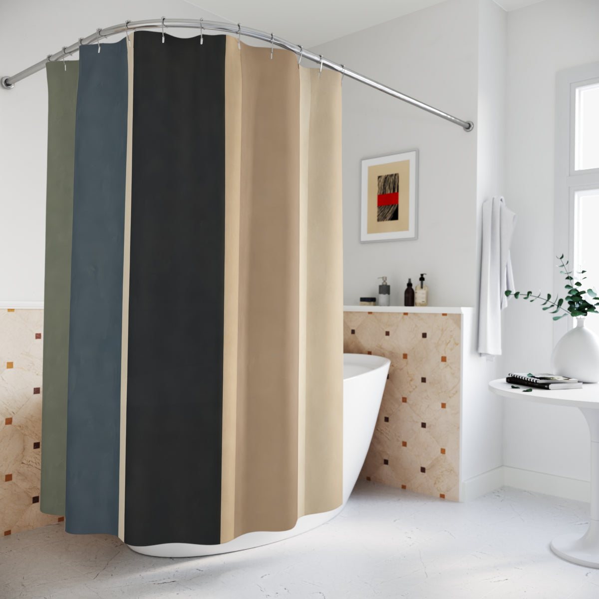 Wide vertical stripes in sage blue charcoal tan and cream shower curtain beside a freestanding tub