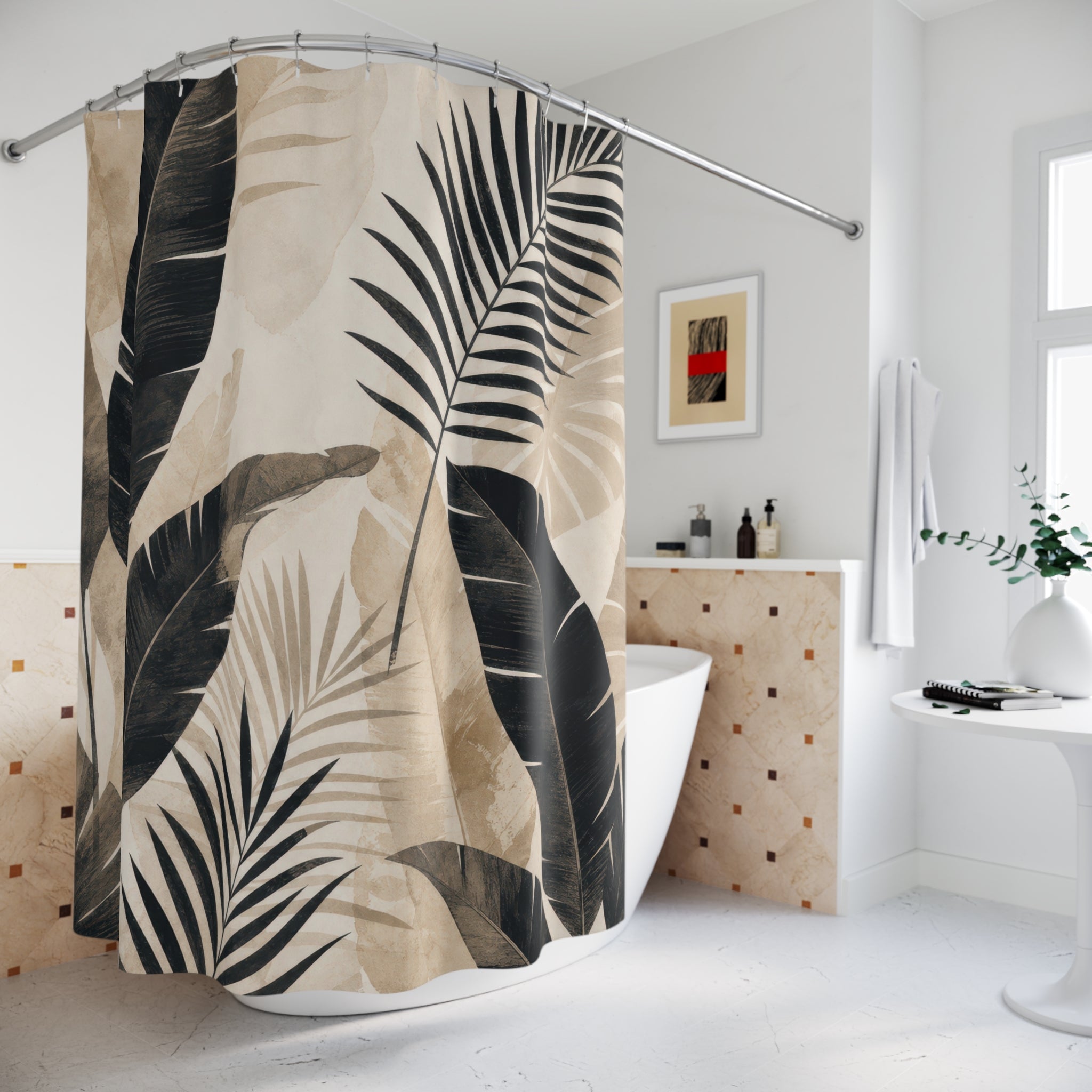 Black Beige Tropical Botanical Shower Curtain