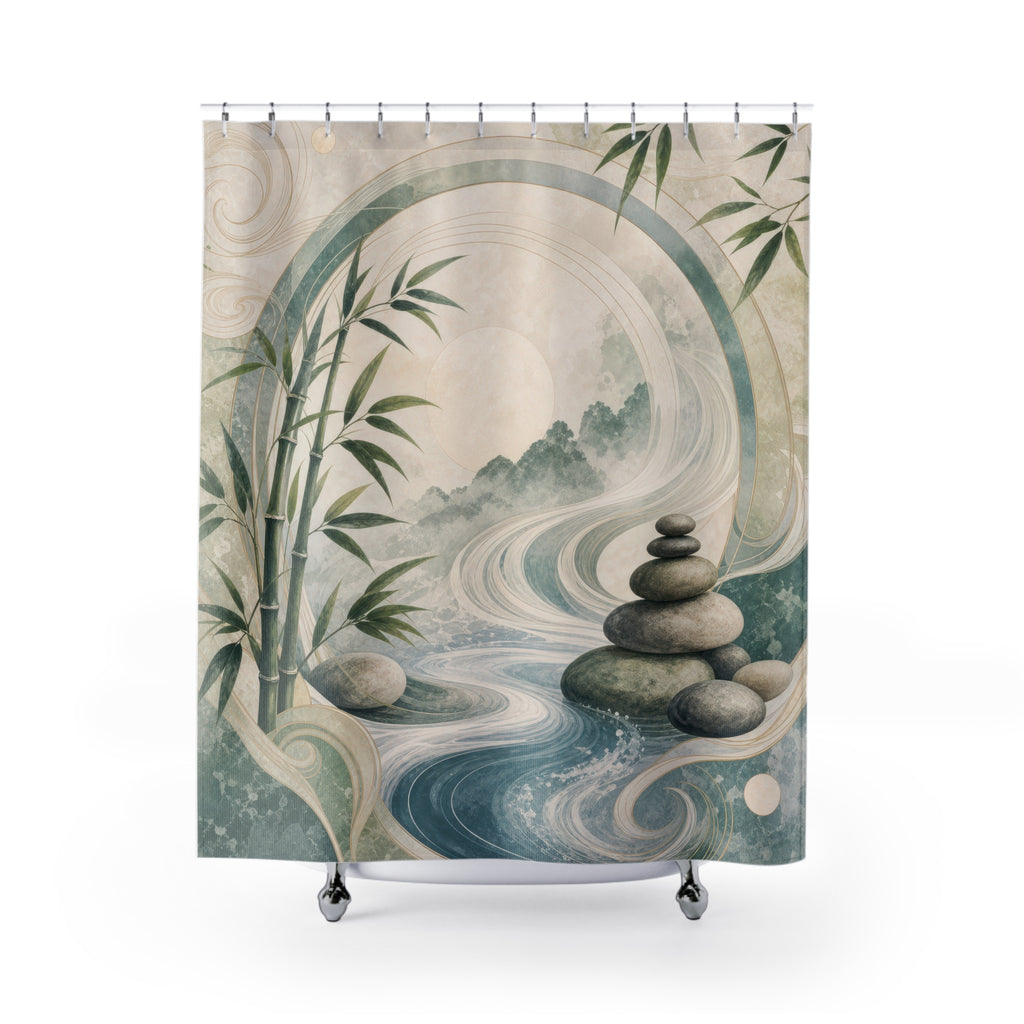 Feng Shui Shower Curtain, Jade Green Water Stone Bath Decor, Bamboo Leaf Circle Pattern, Zen Nature Inspired Guest Bathroom Spa Decor