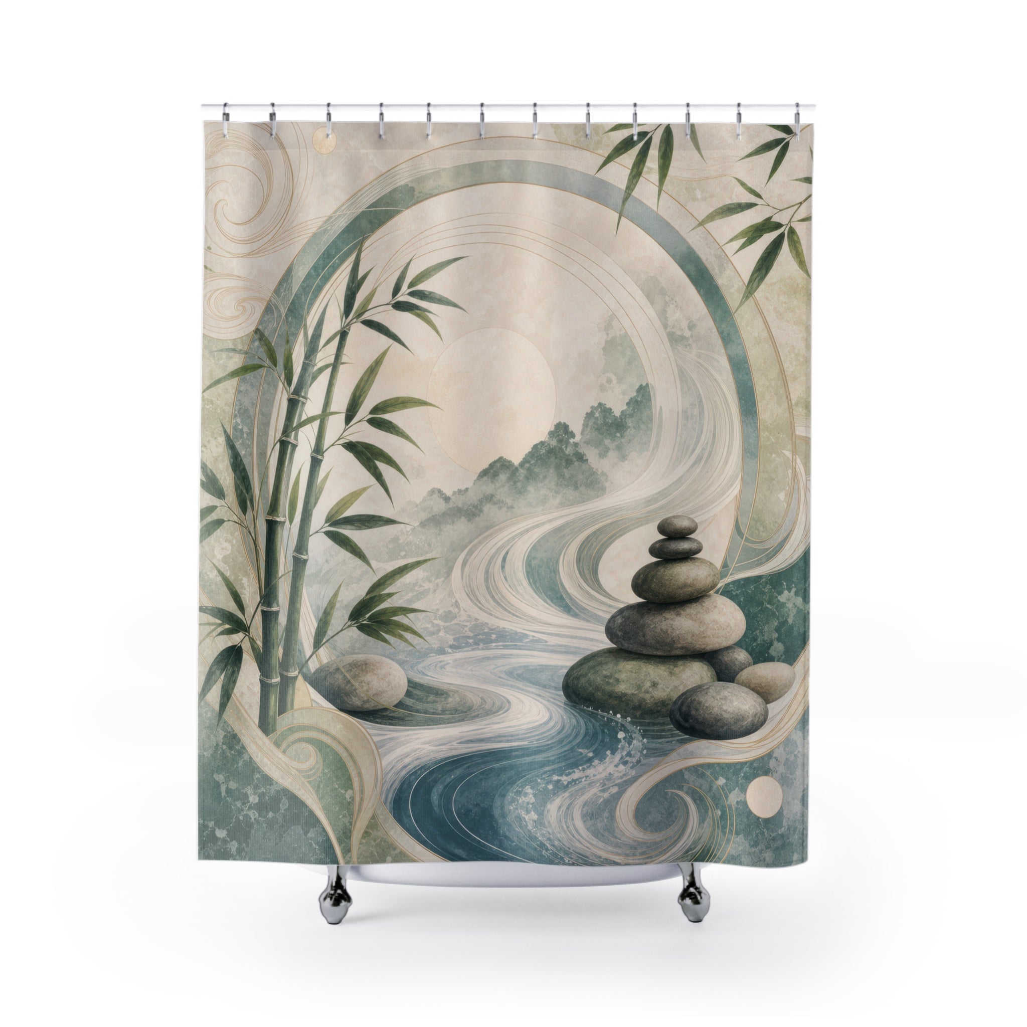 Feng Shui Shower Curtain, Jade Green Water Stone Bath Decor, Bamboo Leaf Circle Pattern, Zen Nature Inspired Guest Bathroom Spa Decor