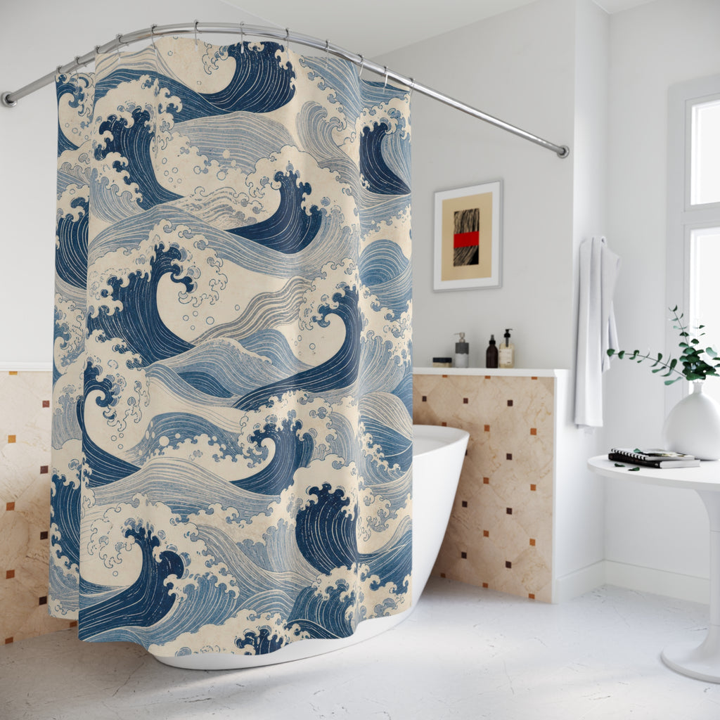 Blue Wave Shower Curtain, Japanese Inspired Ocean Pattern, Navy Coastal Bathroom Decor, Fresh Coastal Wall Decor Guest Bath Wall Gift