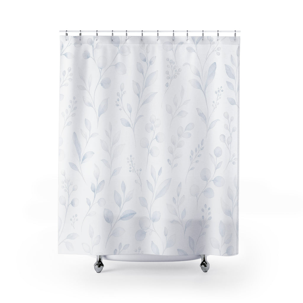 White Botanical Shower Curtain, Leaf Vine Bath Decor, Pale Blue Gray Pattern, Minimal Guest Bathroom Decor, Soft Boho Style, White Style