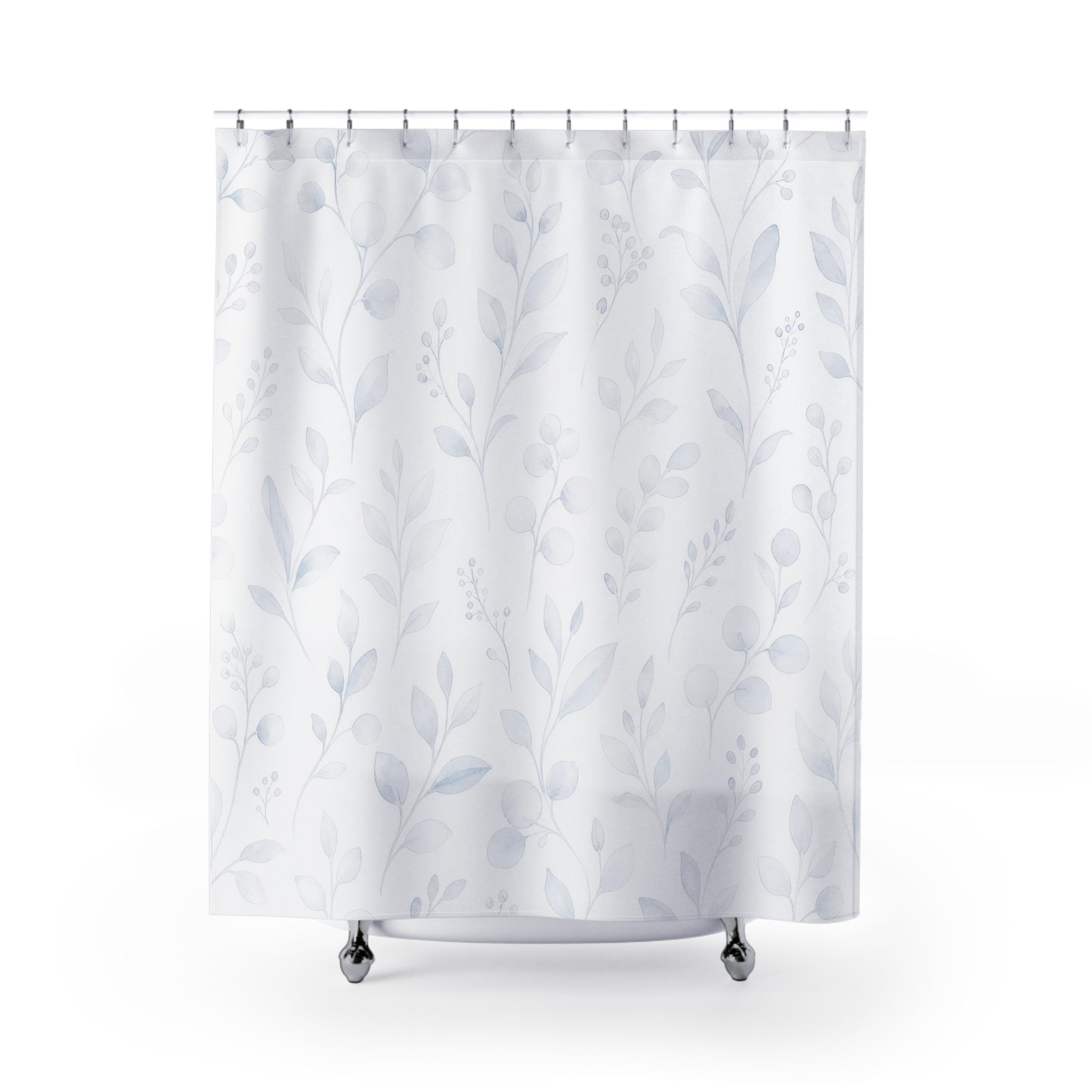 White Botanical Shower Curtain, Leaf Vine Bath Decor, Pale Blue Gray Pattern, Minimal Guest Bathroom Decor, Soft Boho Style, White Style