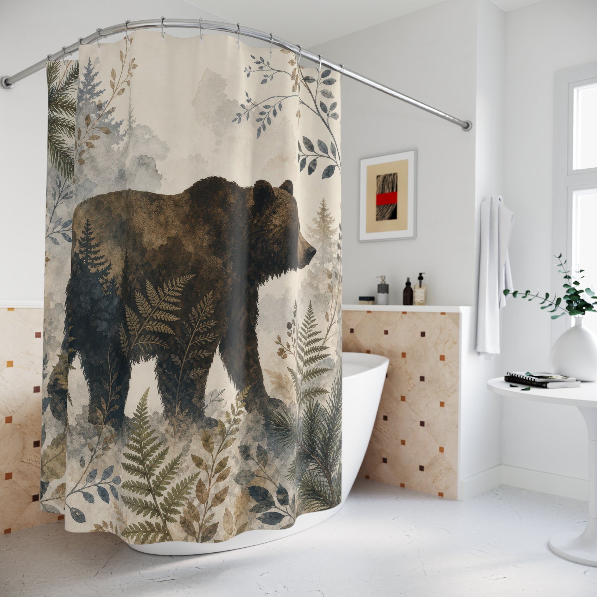Bear Shower Curtain, Rustic Woodland Wildlife Scene, Brown Green Nature Bathroom Decor, Cabin Guest Bath Forest Lodge Style