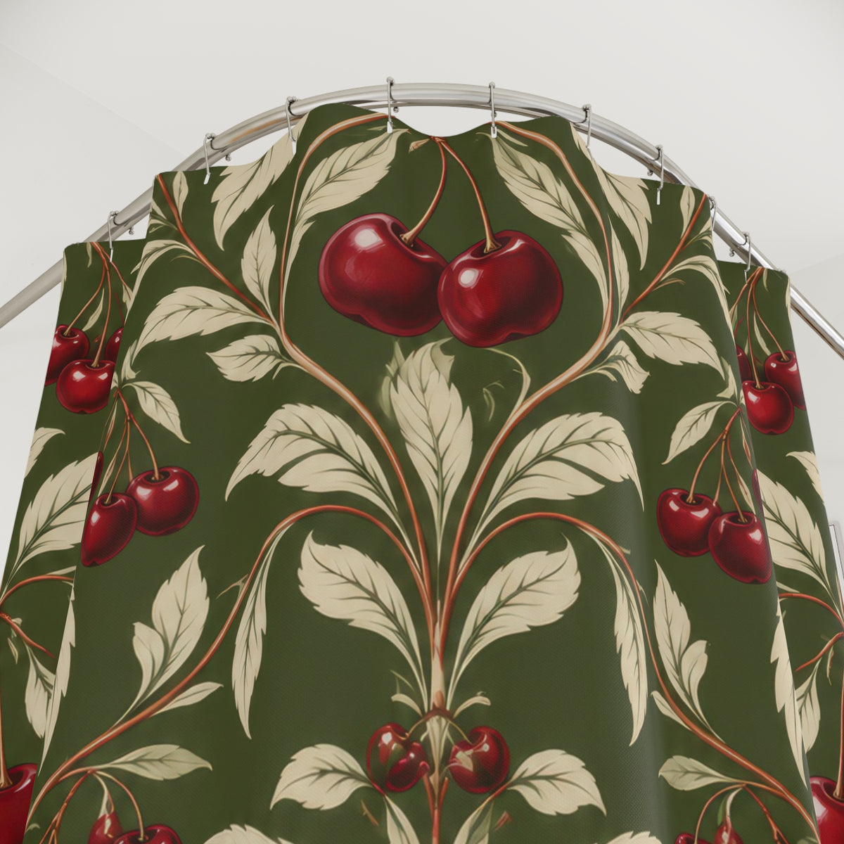 Burgundy cherry and ivory leaf damask on olive green shower curtain with close-up print, hooks, and folds