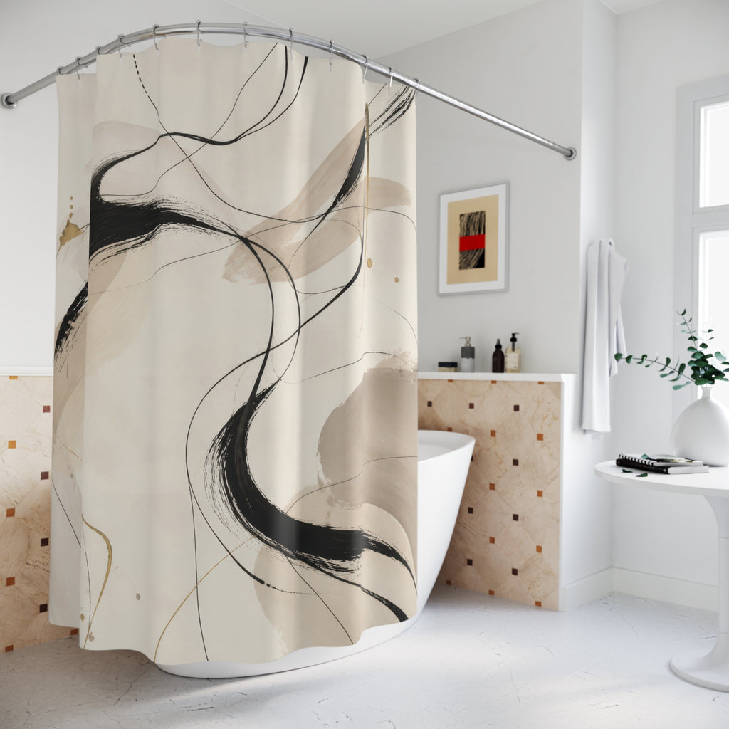Black Beige Line Art Shower Curtain