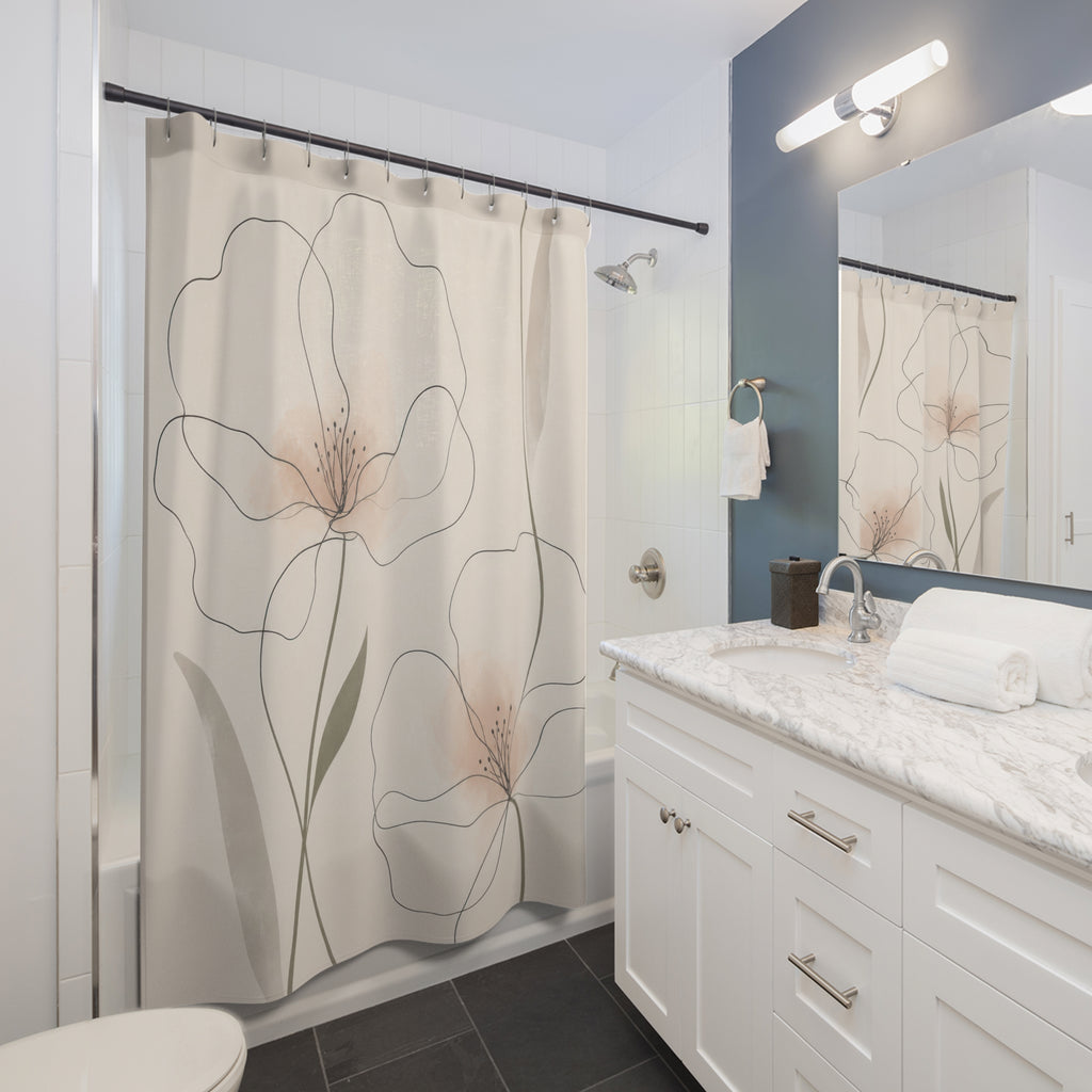 Large White Flower Line Art Shower Curtain