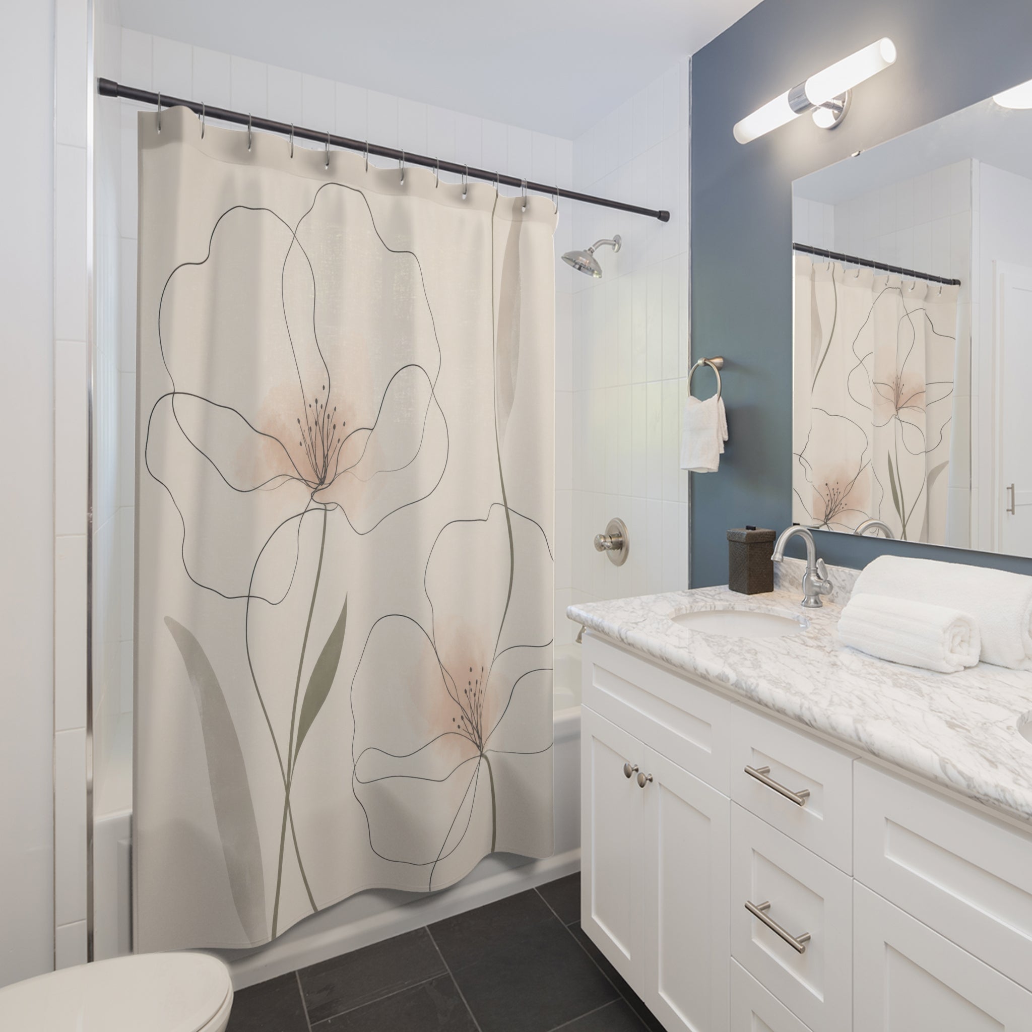 Large White Flower Line Art Shower Curtain