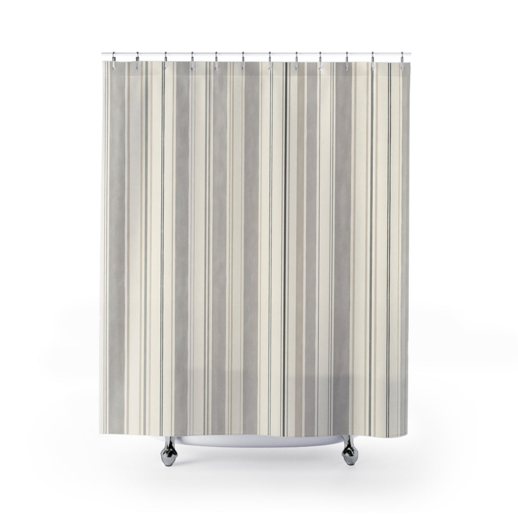 Soft Grey Ticking Shower Curtain, Soft Gray Classic Bathroom Decor, Ticking Stripe Bath Curtain, Guest Bath Decor, Small Bathroom Decor