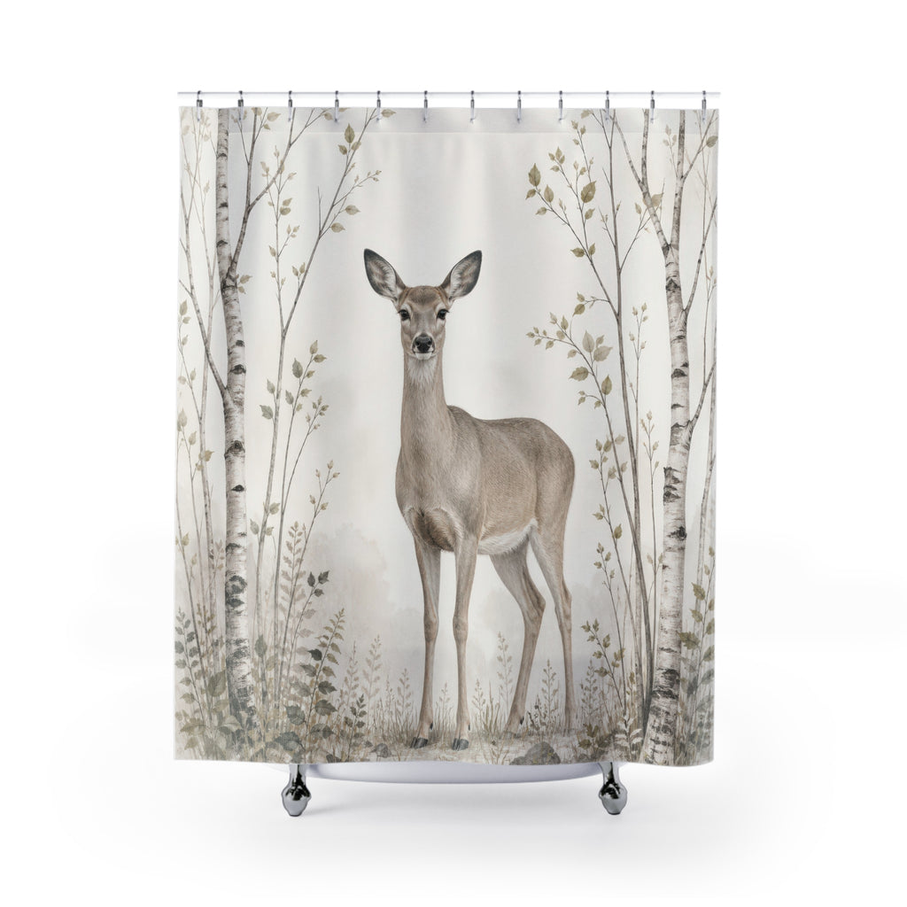 Graceful doe framed by airy birch saplings shower curtain with full front view