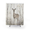 Graceful doe framed by airy birch saplings shower curtain with full front view