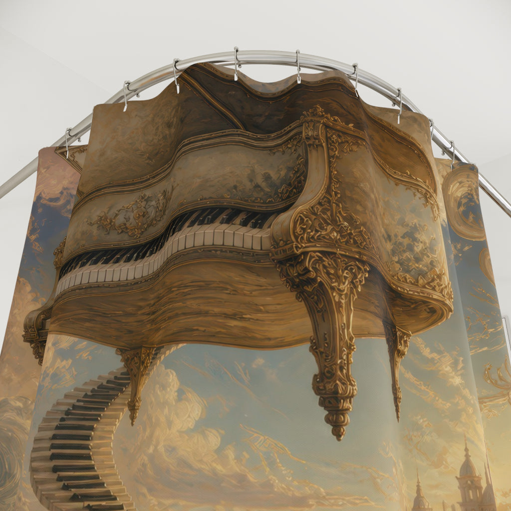 Floating piano above a keyboard stairway shower curtain with close-up print, hooks, and folds