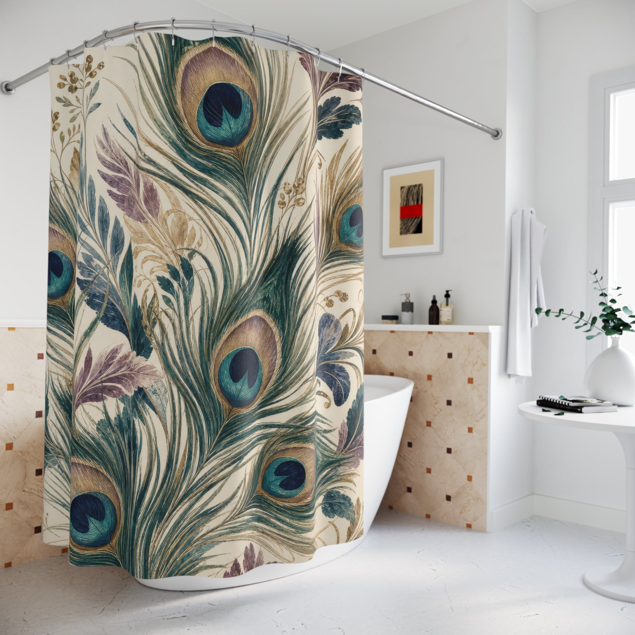 Blue Green Feather Botanical Peacock Shower Curtain