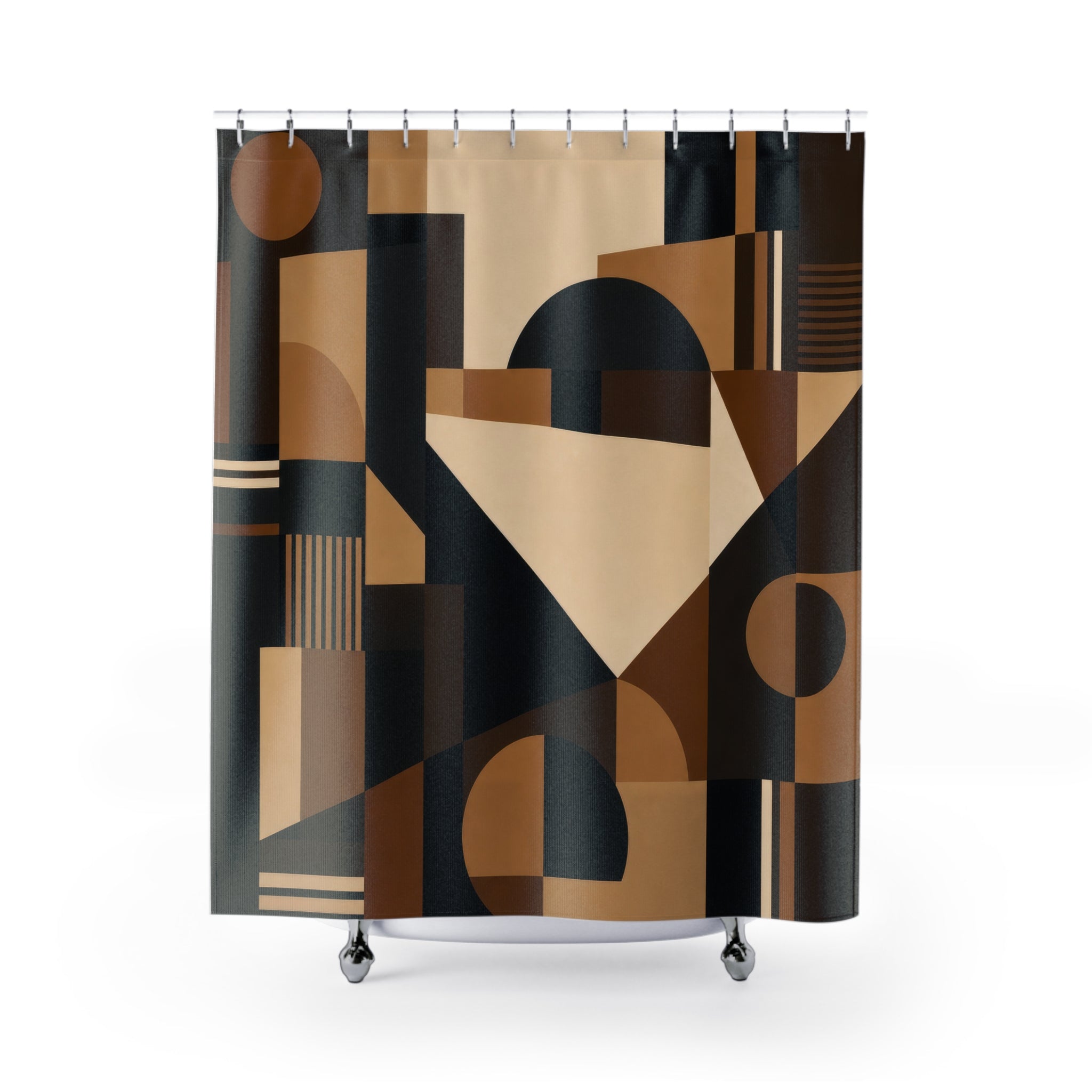 Mid Century Modern Shower Curtain, Black Brown Geometric Bath Decor, Bauhaus Style Shape Pattern, Warm Neutral Guest Bathroom Decor Style