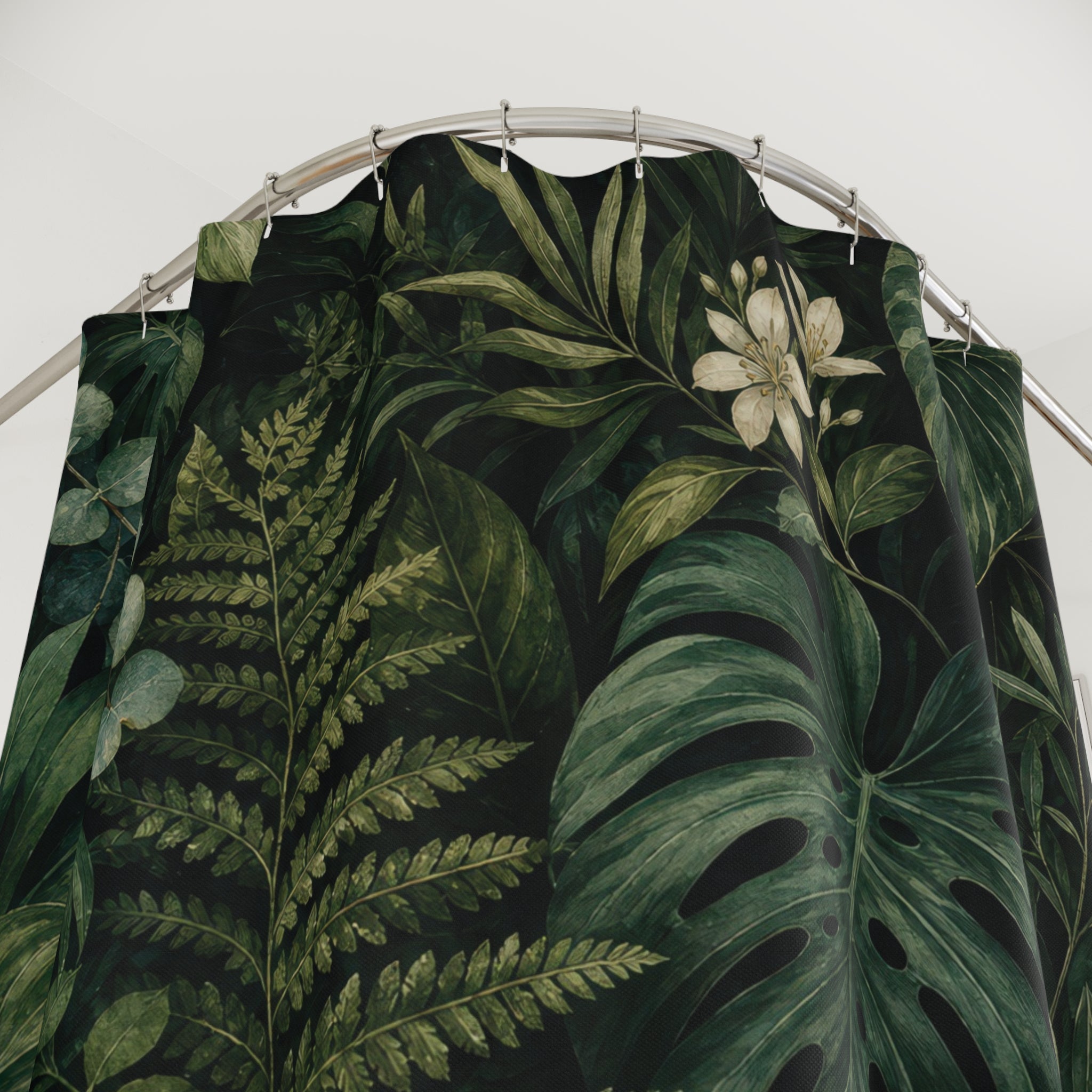 Dark Green Shower Curtain: Tropical Botanical Leaf Pattern