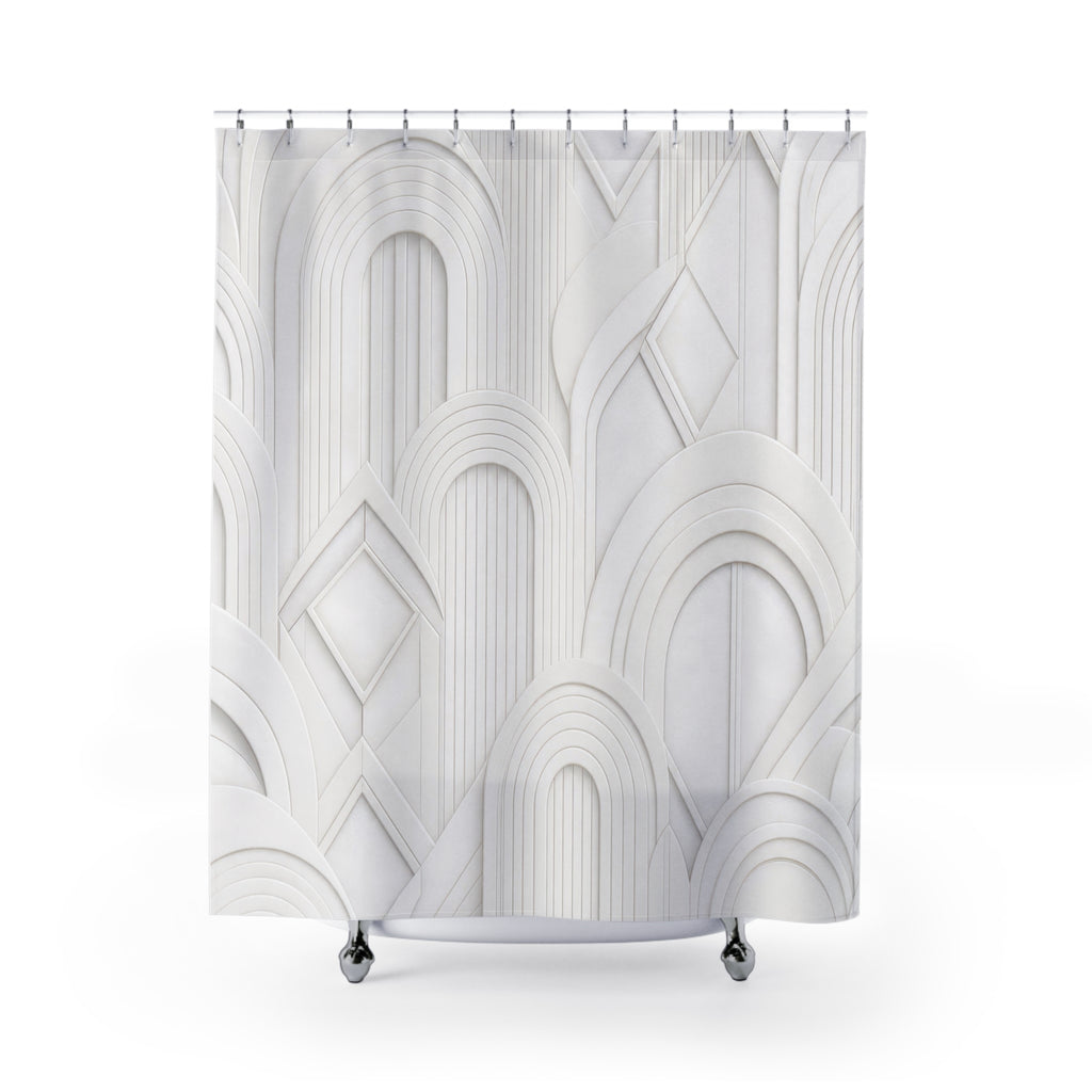White Geometric Shower Curtain: Minimalist Deco Arch Pattern