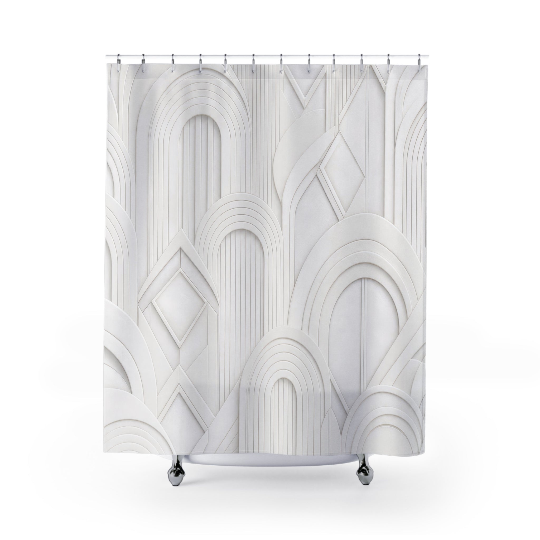White Geometric Shower Curtain: Minimalist Deco Arch Pattern