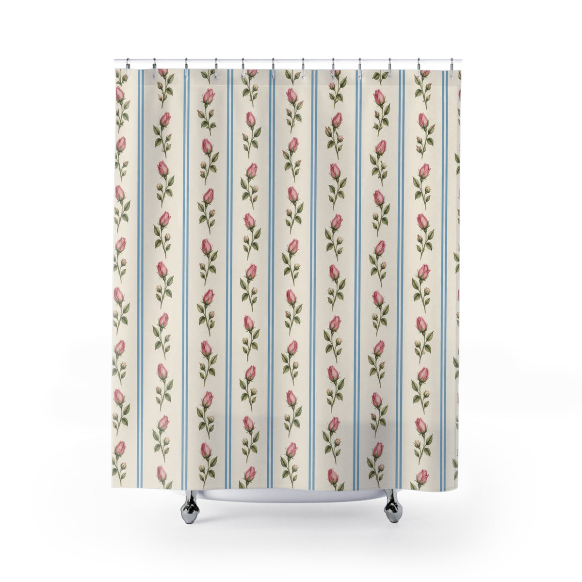 Pink rosebud columns with paired blue lines on ivory shower curtain with full front view