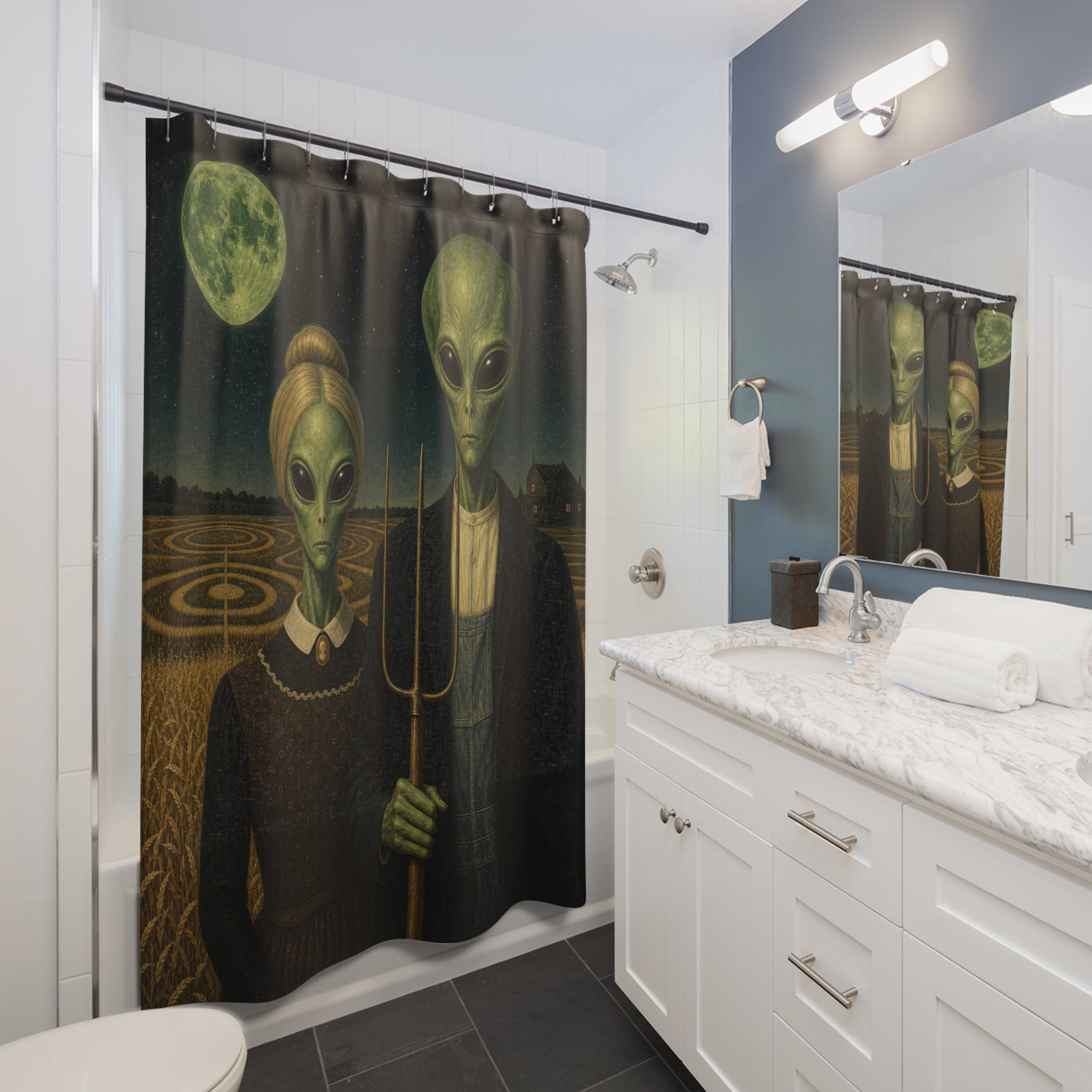 Alien American Gothic Unique Funny Shower Curtain