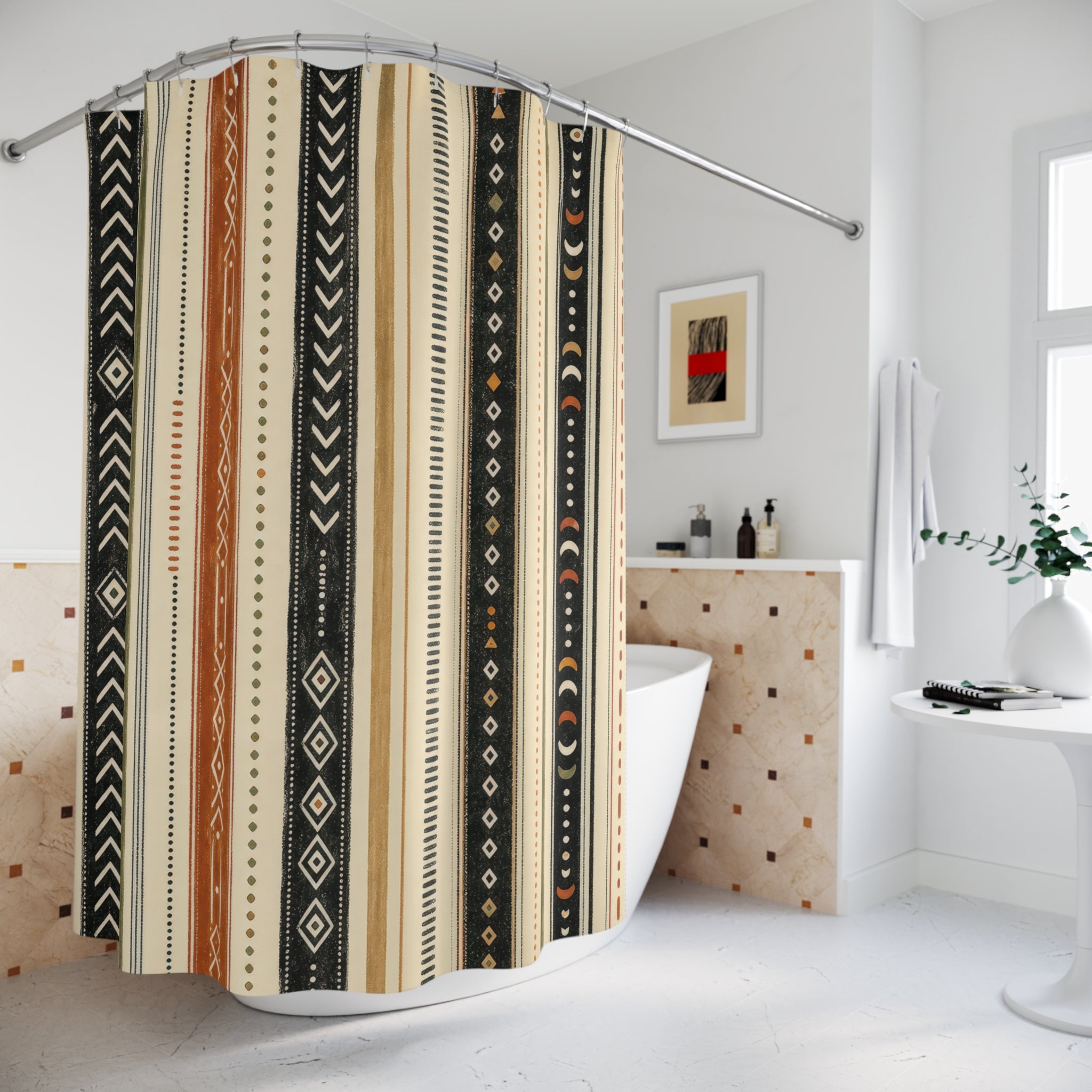 Black Olive Terracotta Motif Stripe Shower Curtain