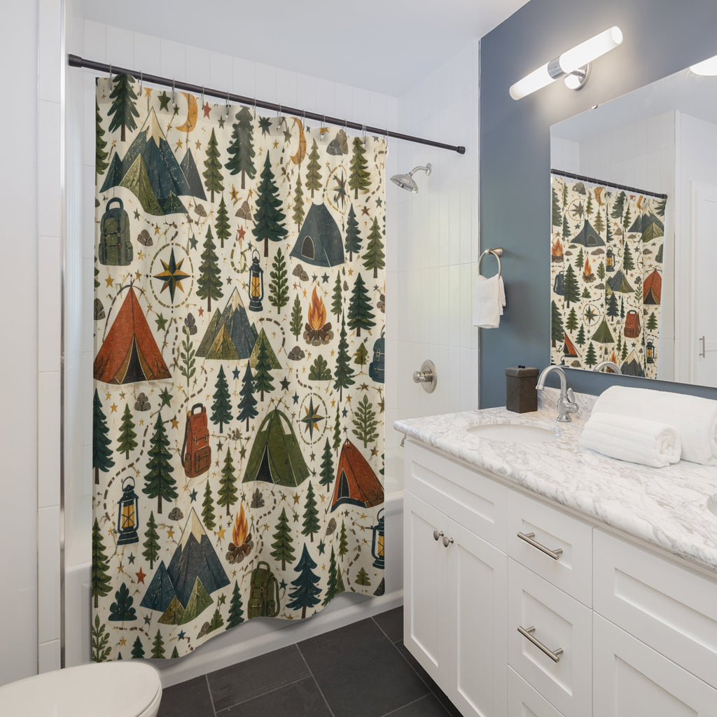 Camping Shower Curtain, Mountain Cabin Kids Bathroom Decor, Tent and Pine Tree Bath Curtain, Outdoorsy Boys Bathroom Art, Cabin Bath Decor