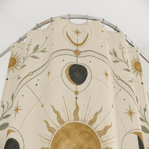 Alchemy Sun Moon Celestial shower curtain with close-up print, hooks, and folds