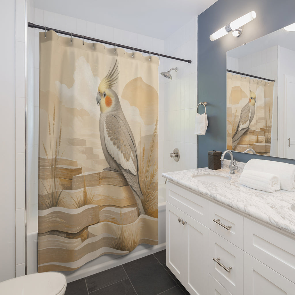 Grey cockatiel on warm beige desert terraces shower curtain installed beside a white vanity