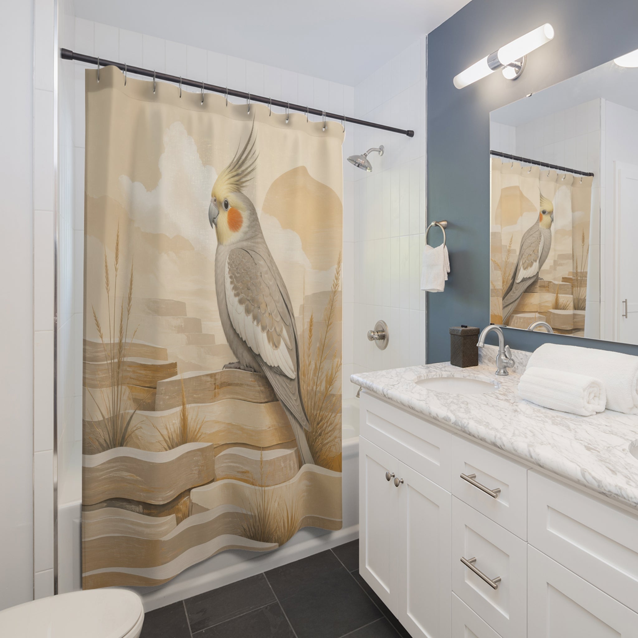 Grey cockatiel on warm beige desert terraces shower curtain installed beside a white vanity