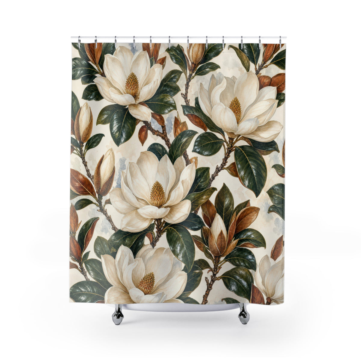 White Floral Botanical magnolia pattern shower curtain with full front view