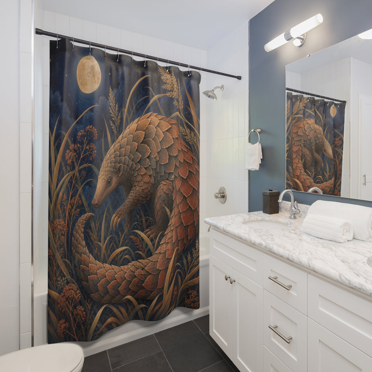 Pangolin animal curled among indigo moonlit grasses shower curtain beside a white vanity