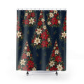 Red and ivory poinsettia Christmas trees on navy shower curtain with full front view