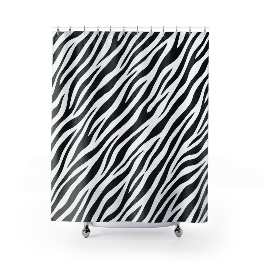 Diagonal black zebra stripes tapering across white shower curtain with full front view