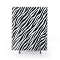 Diagonal black zebra stripes tapering across white shower curtain with full front view