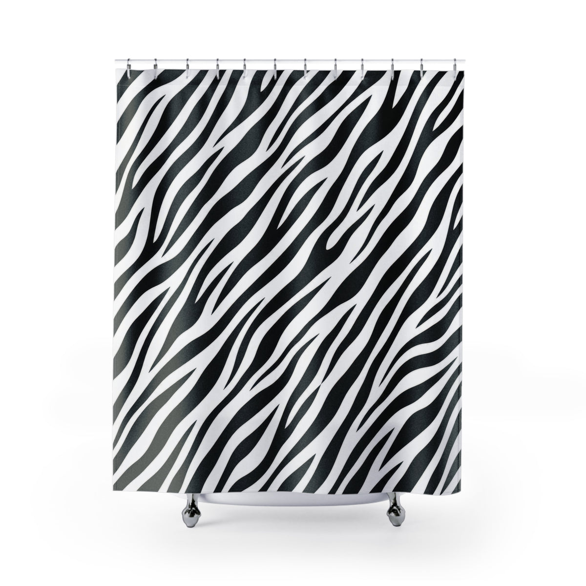 Diagonal black zebra stripes tapering across white shower curtain with full front view